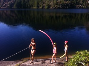 Cassell Lake at the tip of Teakerne Arm. You have to use the ropes to get in and out as it is a slippery rock. 